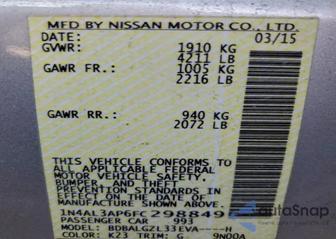 2015 Nissan Altima 2.5 z USA, uszkodzony, nr VIN 1N4AL3AP6FC298849